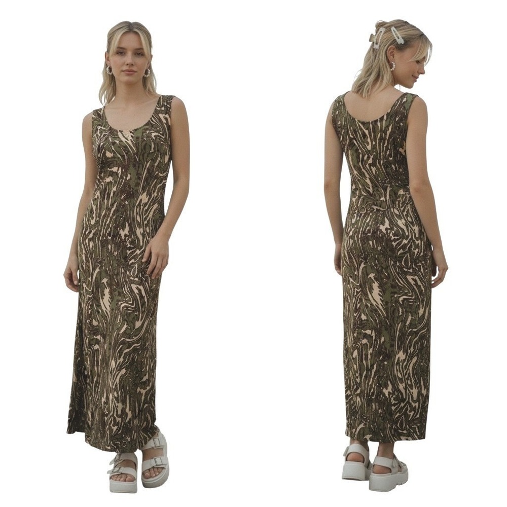 Womens Vtg 90s Y2K Maxi Belted Dress‎ Safari Resortwear Vacation Sleeveless Knit